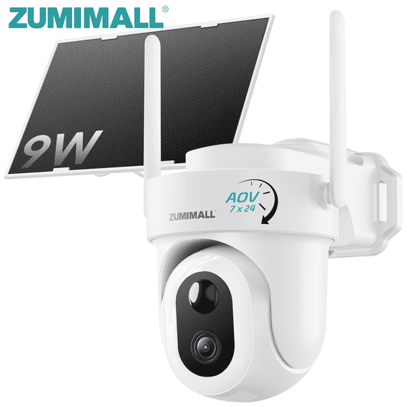 ZUMIMALL 9W Solar Security Camera Outdoor, 24/7 Recording Wireless AOV Camera, 360° PTZ Home Surveillance, 2K Color Night Vision, Auto Tracking, 2.4GHz WiFi