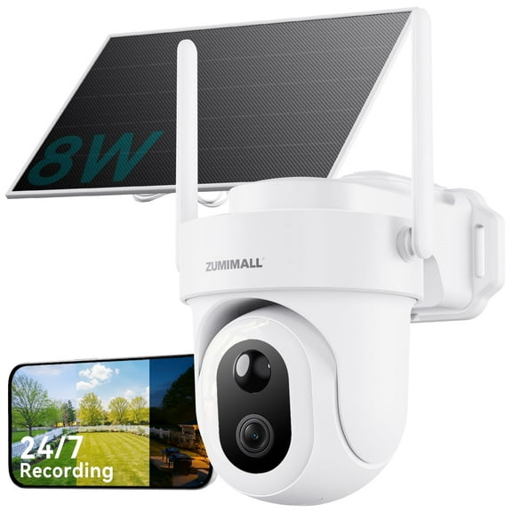 ZUMIMALL 8W Solar Security Camera,AOV 24/7 Recording,360 View Wireless Outdoor Camera,Rechargeable Battery Powered,2K Color Night Vision, 2-Way Talk, 2.4GHz WiFi, Auto Tracking,White
