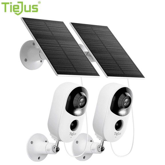 TIEJUS 2-Pack Solar Wireless Outdoor Security Camera, 2.4GHz WiFi, 2K Color Night Vision for Home Security, White
