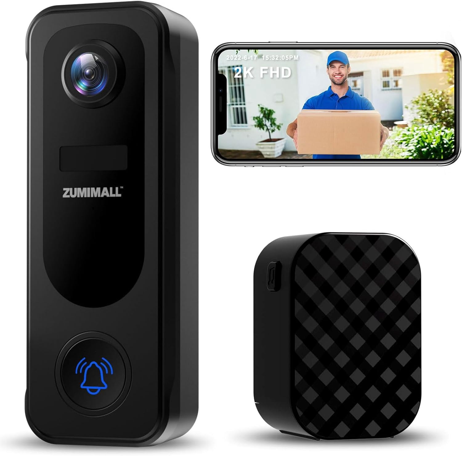 ZUMIMALL Wireless Video Doorbell With Chime - 2K Camera, 2-Way Audio, AI Detection, Battery Powered, Works With Alexa