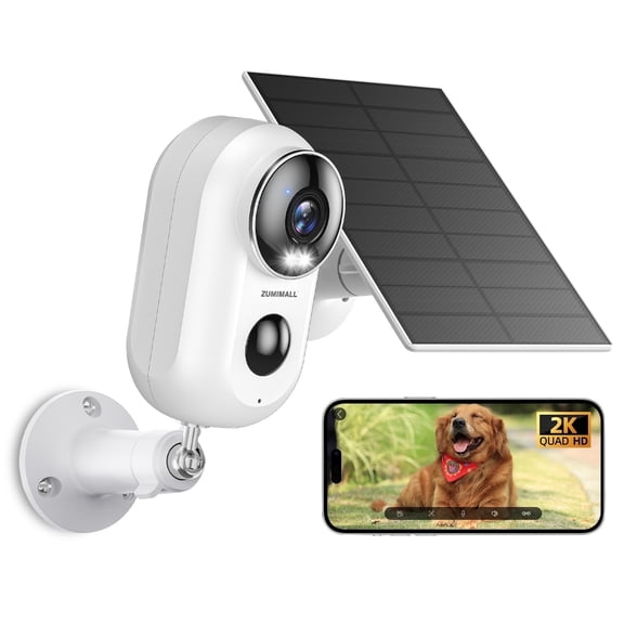 ZUMIMALL 2K Solar Security Camera Wireless Outdoor, 2.4GHz WiFi, Color Night Vision, Weatherproof, Magnetic Mount for Home Security Surveillance, White