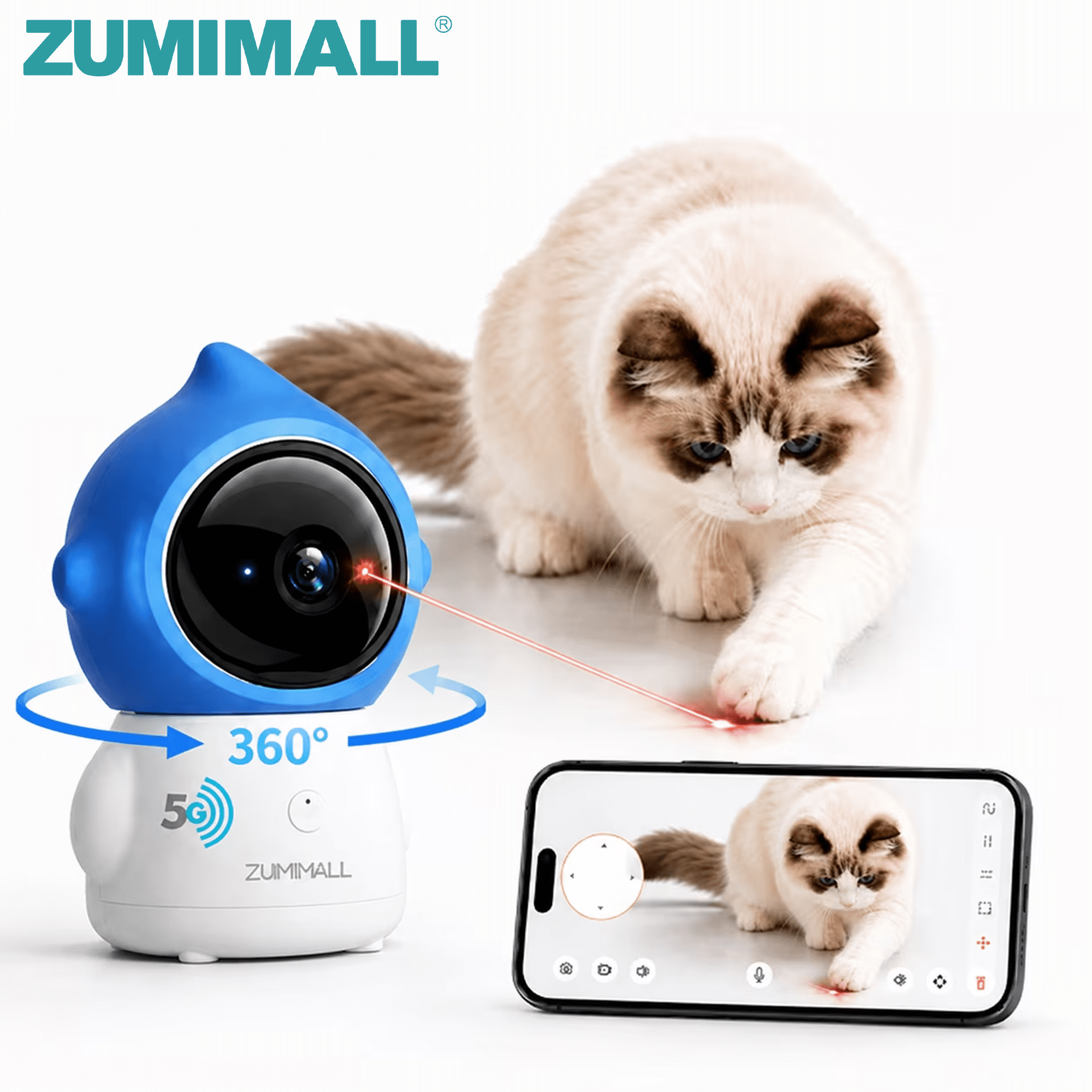 ZUMIMALL 2K Pet Camera with App-Controlled Laser Toy, 360° PTZ Indoor Camera for Cats & Dogs, 5G WiFi, Motion Tracking, Night Vision & 2-Way Audio