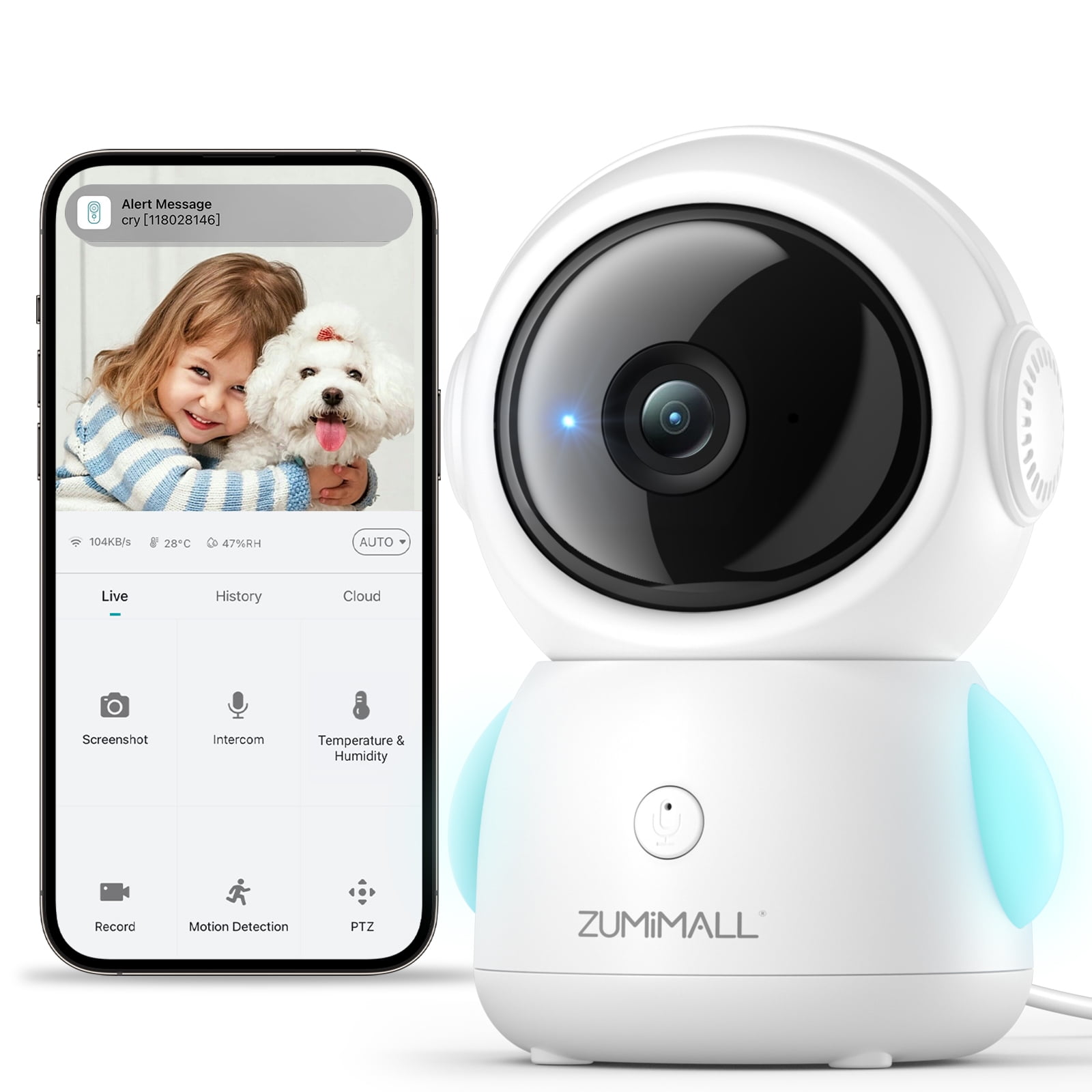 ZUMIMALL Security Camera Indoor, 5G/2.4G WiFi Baby Monitor with Camera and Audio, 2K Wired Pet Camera for Home Security, One-Click Call, Auto Tracking, Cry/PIR/AI Detection, Alexa/ONVIF/Cloud