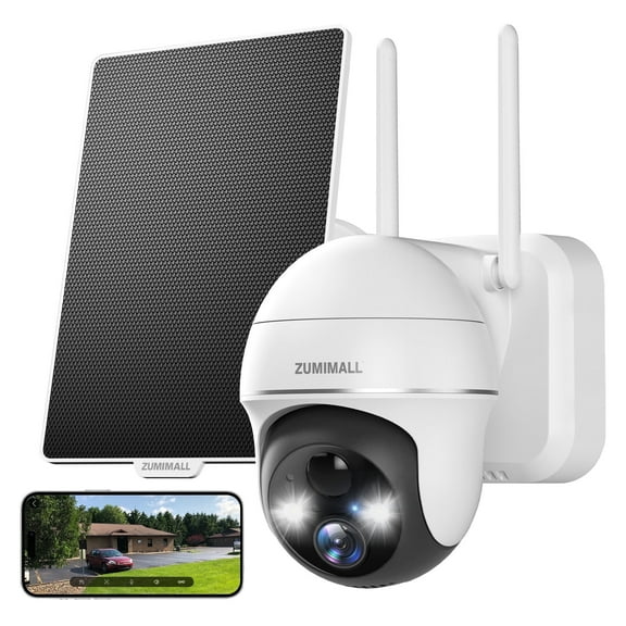 ZUMIMALL Security Wireless Battery , 360 PTZ Outdoor Camera,2K Solar Panel for Home, Spotlight & Siren/2.4G Wifi/3MP Color Night vision/2-Way Talk/PIR Detection/Cloud