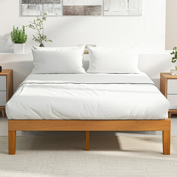 ZUNMOS 12 IN Full Size Solid Wood Bed Frame with Wood Slat Support, Sturdy, No Box Spring Needed, Natural Pine
