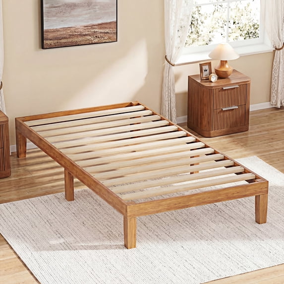 ZUNMOS 12 IN Twin Size Solid Wood Bed Frame with Wood Slat Support, Sturdy, No Box Spring Needed, Natural Pine