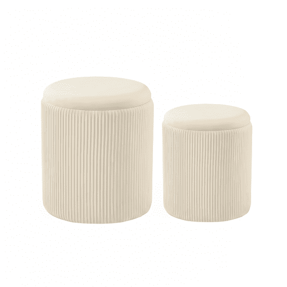 ZUNMOS 2-Piece Round Storage Ottoman Set - Velvet Vanity Stool with Storage, Green Small Footstool for Bedroom & Living Room, Multi-Use Coffee Table Ottoman, Beige