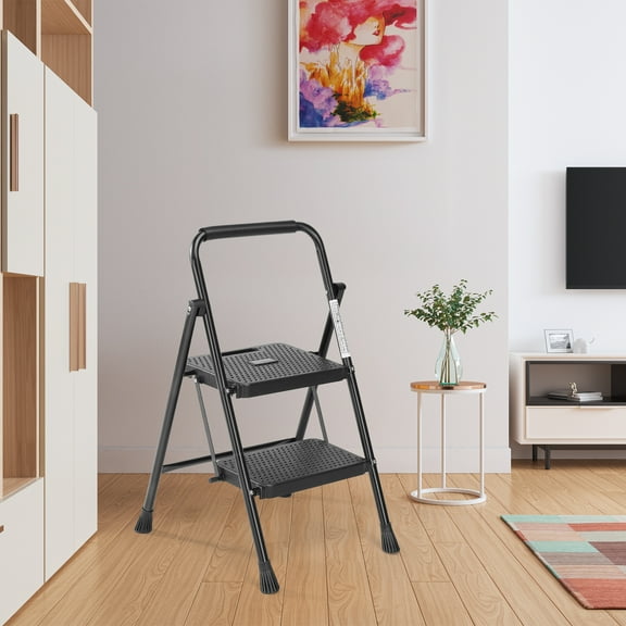 ZUNMOS 2 Step Ladder, Black Metal, Folding Portable Lightweight Step Stool