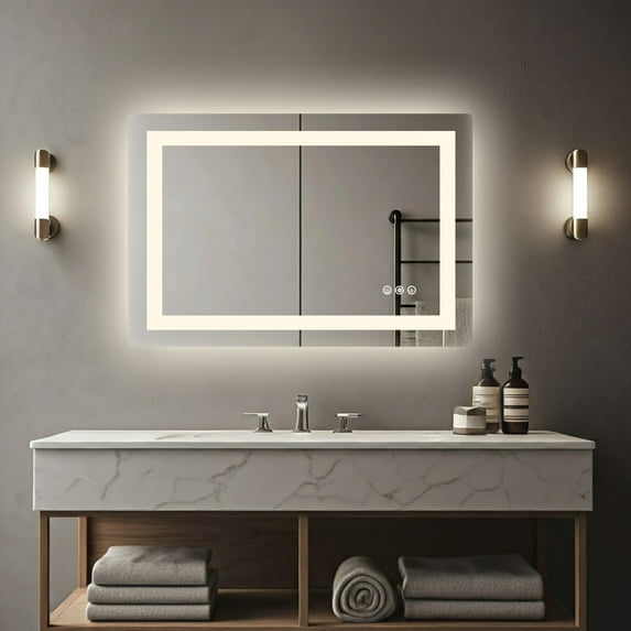 ZUNMOS 24x36 Inch Anti-fog LED Bathroom Mirror, Dual Light Source, Three Lighting Modes, White