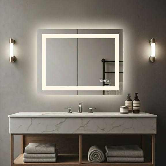 ZUNMOS 28x36 Inch Anti-fog LED Bathroom Mirror, Dual Light Source, Three Lighting Modes, White
