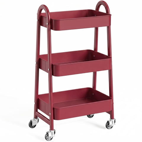 ZUNMOS 3 Tier Rolling Cart, Metal Utility Storage Cart with Lockable Wheels for Livingroom, Bathroom, Kitchen & Narrow Spaces,Red