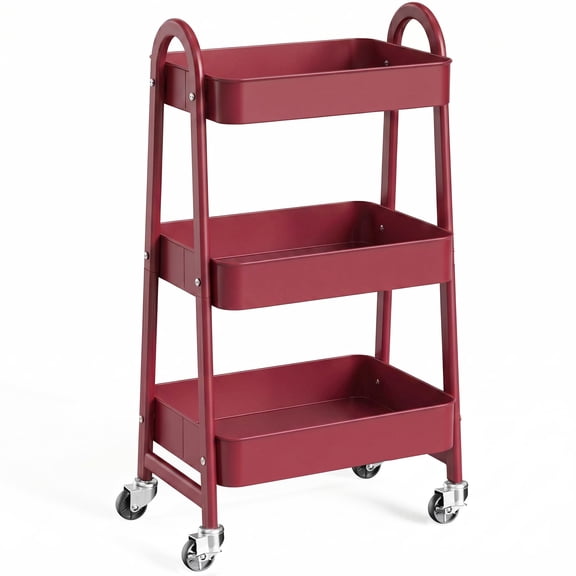 ZUNMOS 3 Tier Rolling Cart, Metal Utility Storage Cart with Lockable Wheels for Livingroom, Bathroom, Kitchen & Narrow Spaces,Red