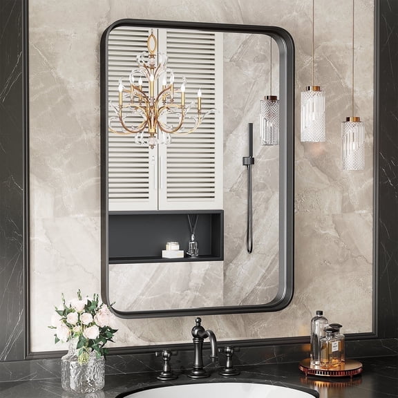 JIOABL 30"x 22" Shatterproof Bathroom Mirror with Black Metal Frame - Tempered Glass, 2 Sided, Anti-Rust for Vanity Wall Decor
