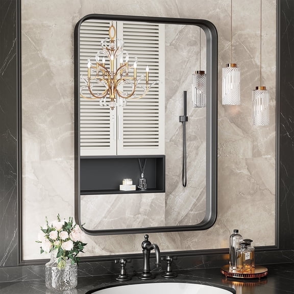 JIOABL 30"x 22" Shatterproof Bathroom Mirror with Black Metal Frame - Tempered Glass, 2 Sided, Anti-Rust for Vanity Wall Decor