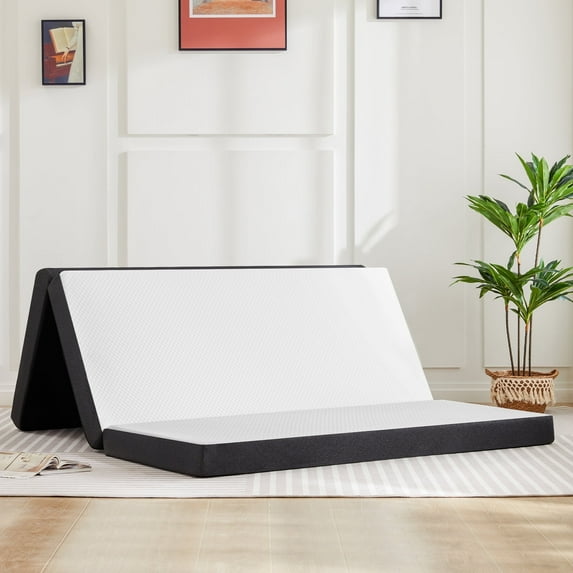 ZUNMOS 4 Inch Queen Size Tri-fold Memory Foam Mattress, Portable Foldable Floor Bed with CertiPUR-US Certified, White
