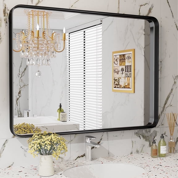 JIOABL 40"x 30" Shatterproof Bathroom Mirror with Black Metal Frame - Tempered Glass, 2 Sided,Anti-Rust for Vanity Wall Decor