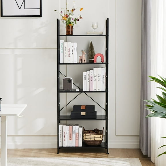 ZUNMOS 5-Tier Bookshelf, Steel Shelf Bookcase, Living Room Bookcase, Storage Shelves, Office, Study, Living Room, 11.8" W x 23.6" D x 62.2 " H, Industrial Style, Black