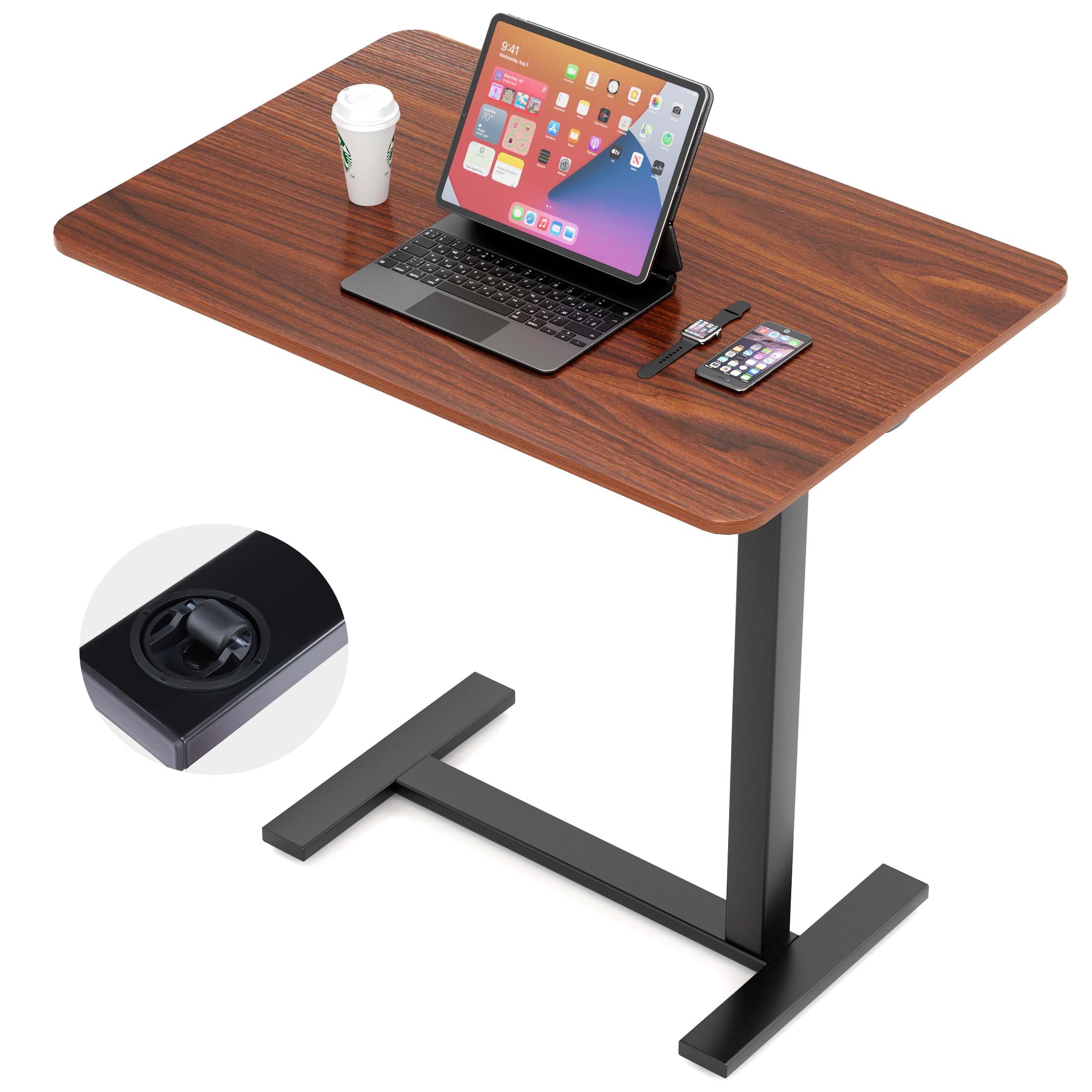 Horshod Medical Height Adjustable Overbed Bedside Table, Laptop Bed Rolling Desk, Brown
