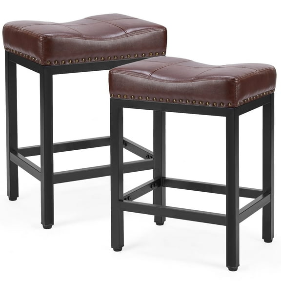 ZUNMOS Bar Stools Set of 2, 24 Inch Modern Counter Height, Metal Base, PU Leather Saddle Seats, Brown