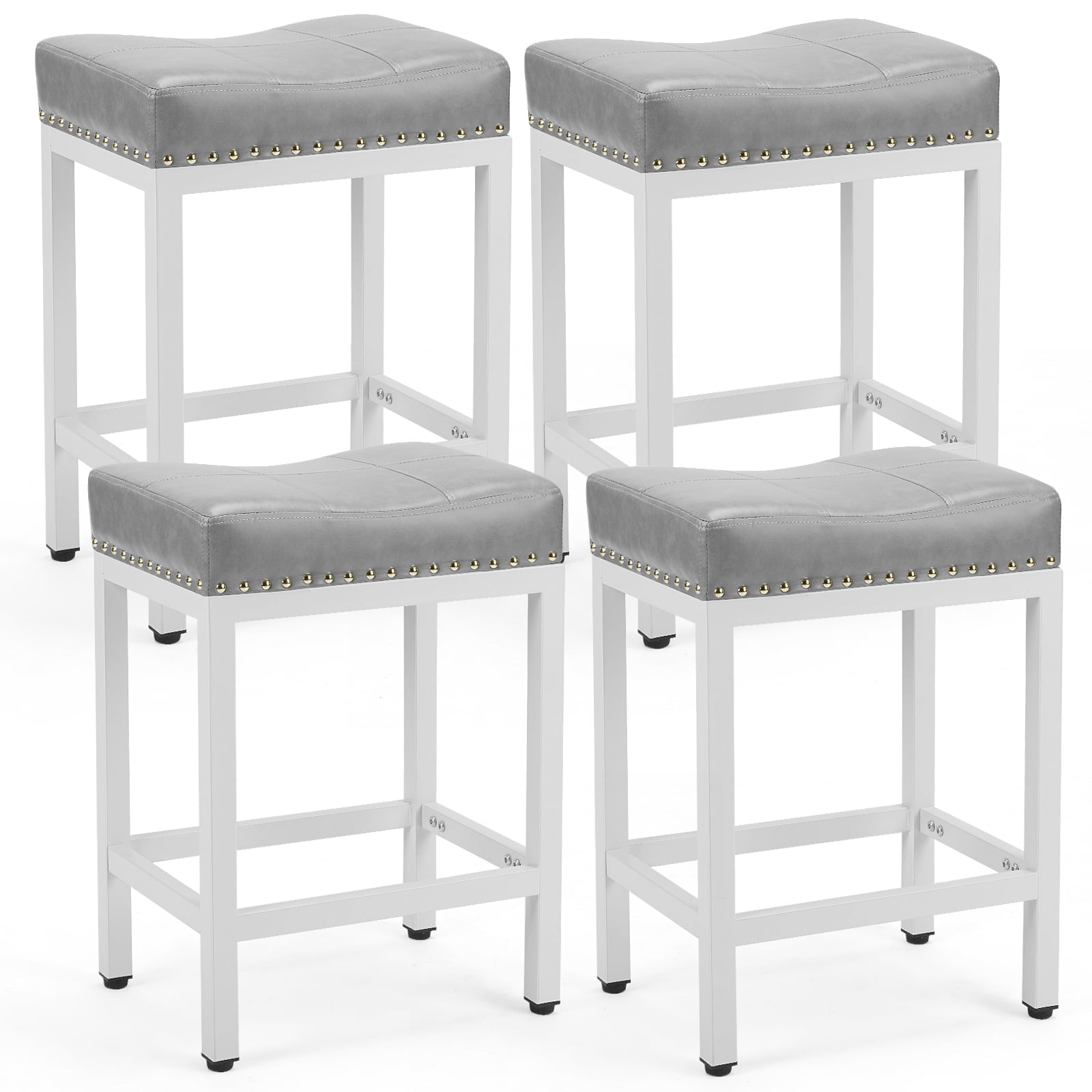 ZUNMOS Bar Stools Set of 4, 24 Inch Modern Counter Height, Metal Base, PU Leather Saddle Seats, Gray