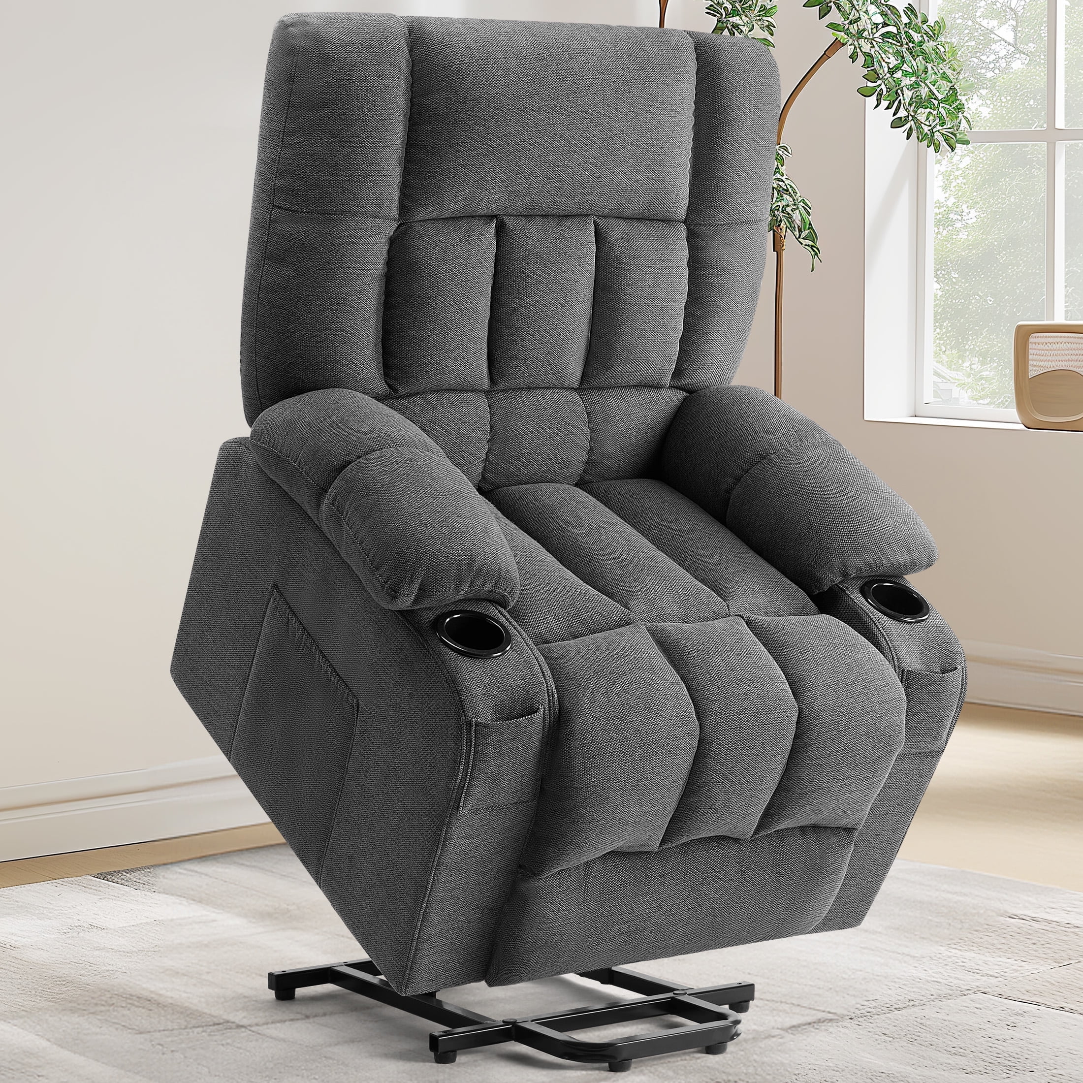 ZUNMOS Elderly Power Lift Recliner with Massage and Heating, Spacious Seat with Cup Holder, Side Pockets, Remote Control, Gray
