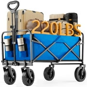 ZUNMOS Folding Wagon Cart with Side Pockets, Heavy-Duty All-Terrain Garden Cart for Sports, Shopping, Camping, Large Capacity Space, Collapsible Design, Blue