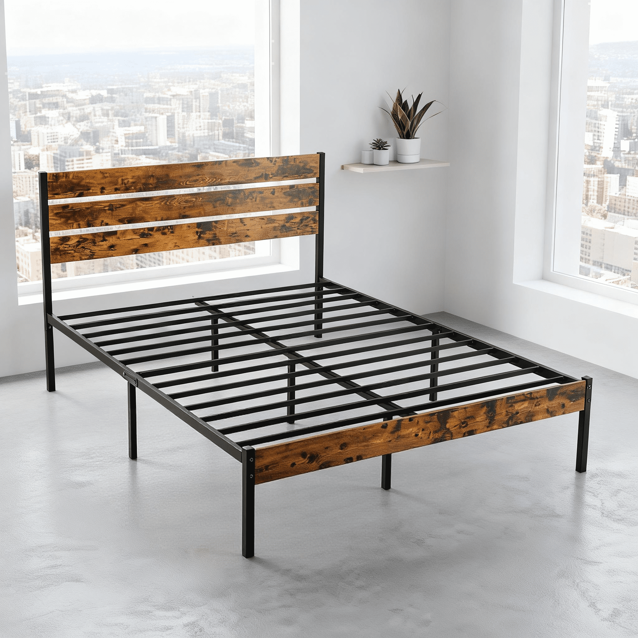 edx Full Size Metal Bed Frame with Wooden Headboard, Under Bed Storage, 800LBS Support, Noise-Free, No Box Spring Needed, Easy Assembly, Brown