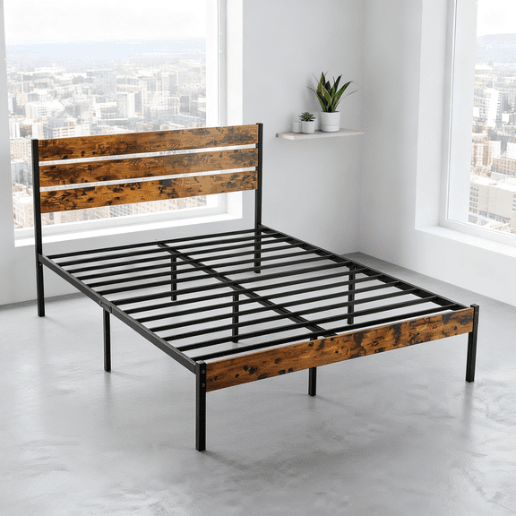 ZUNMOS Full Size Metal Bed Frame with Wooden Headboard & Footboard, with Under Bed Storage, No Box Spring Needed, 800LBS Sturdy Slat Support, Noise-Free, Easy Assembly, Brown