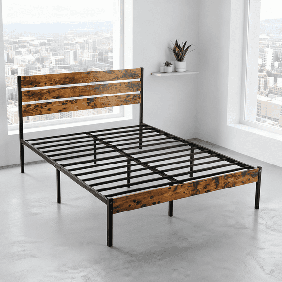 edx Full Size Metal Bed Frame with Wooden Headboard, Under Bed Storage, 800LBS Support, Noise-Free, No Box Spring Needed, Easy Assembly, Brown