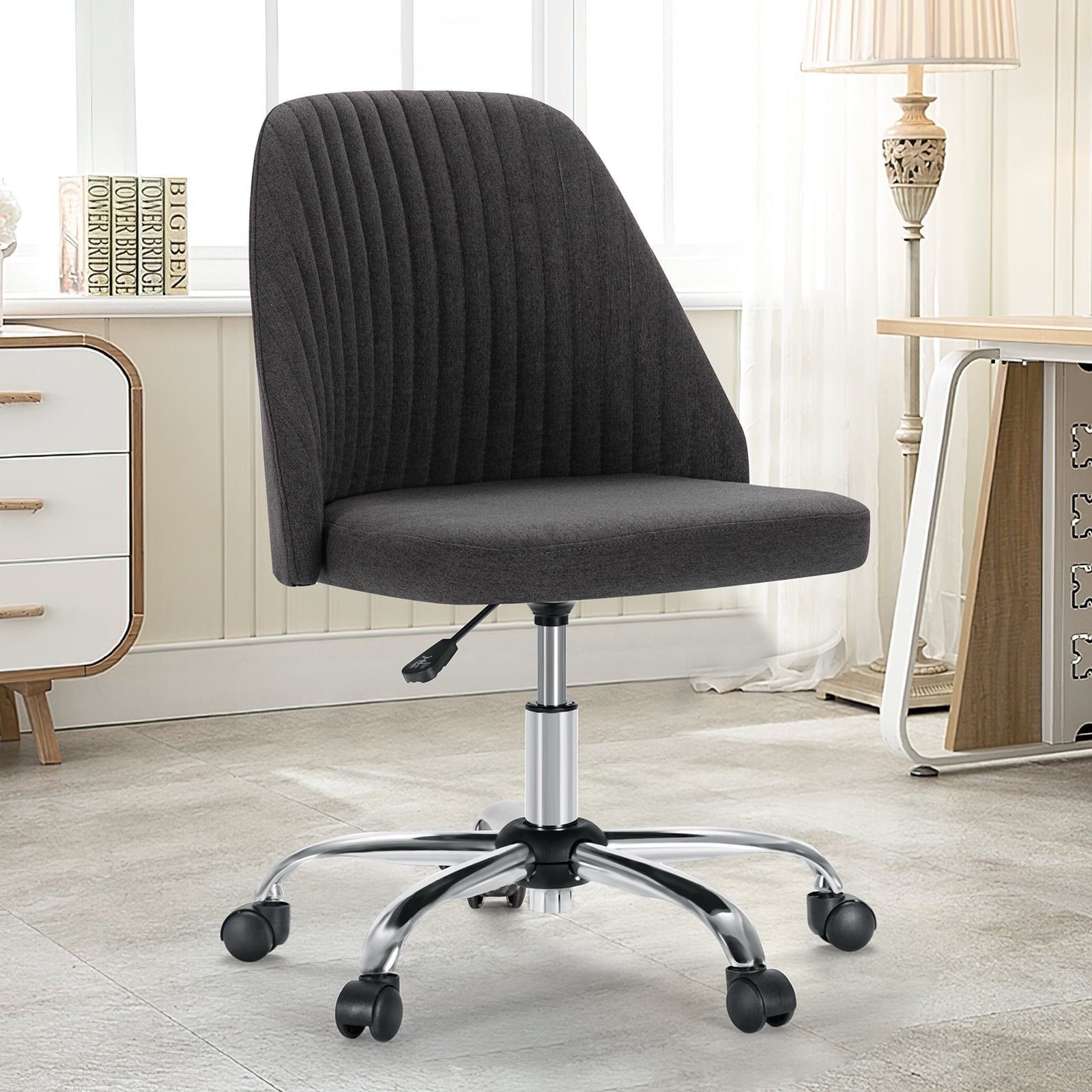 JOINSUN Mid-Back Vanity Chair, Adjustable Rolling Chair, Armless Modern Design for Home Office, Makeup & Small Spaces - Light Gray