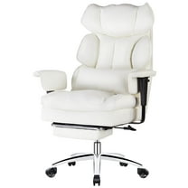 ZUNMOS Home Office High Back Reclining Desk Chair with Footrest, Big and Tall Adjustable Height PU Leather Executive Computer Task Chair with Leg Rest and Lumbar Support, Armrest, White