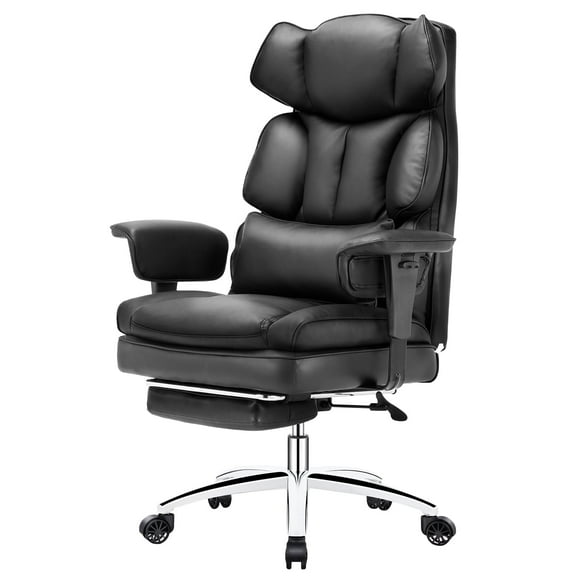 ZUNMOS Home Office High Back Reclining Desk Chair with Footrest, Big and Tall Adjustable Height PU Leather Executive Computer Task Chair with Leg Rest and Lumbar Support, Armrest, Black