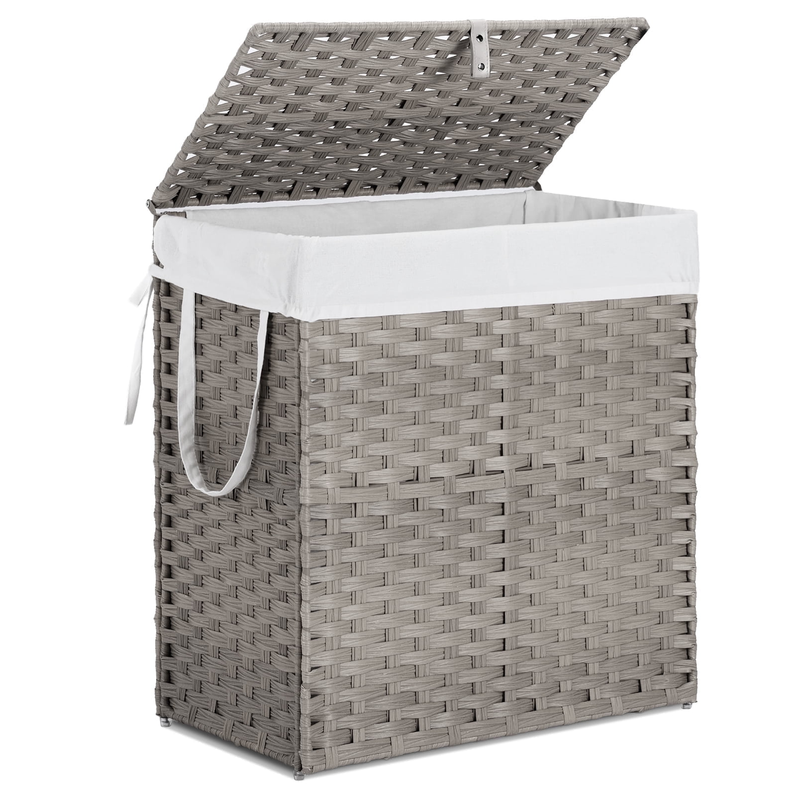 ZUNMOS Laundry Hampers No Installation Required, Divided Clothes Hampers with Removable Liners, 110L Hand-Woven Synthetic Rattan Laundry Hampers with Lids and Handles, Collapsible, Gray