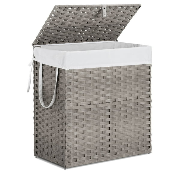 ZUNMOS Laundry Hampers No Installation Required, Divided Clothes Hampers with Removable Liners, 110L Hand-Woven Synthetic Rattan Laundry Hampers with Lids and Handles, Collapsible, Gray