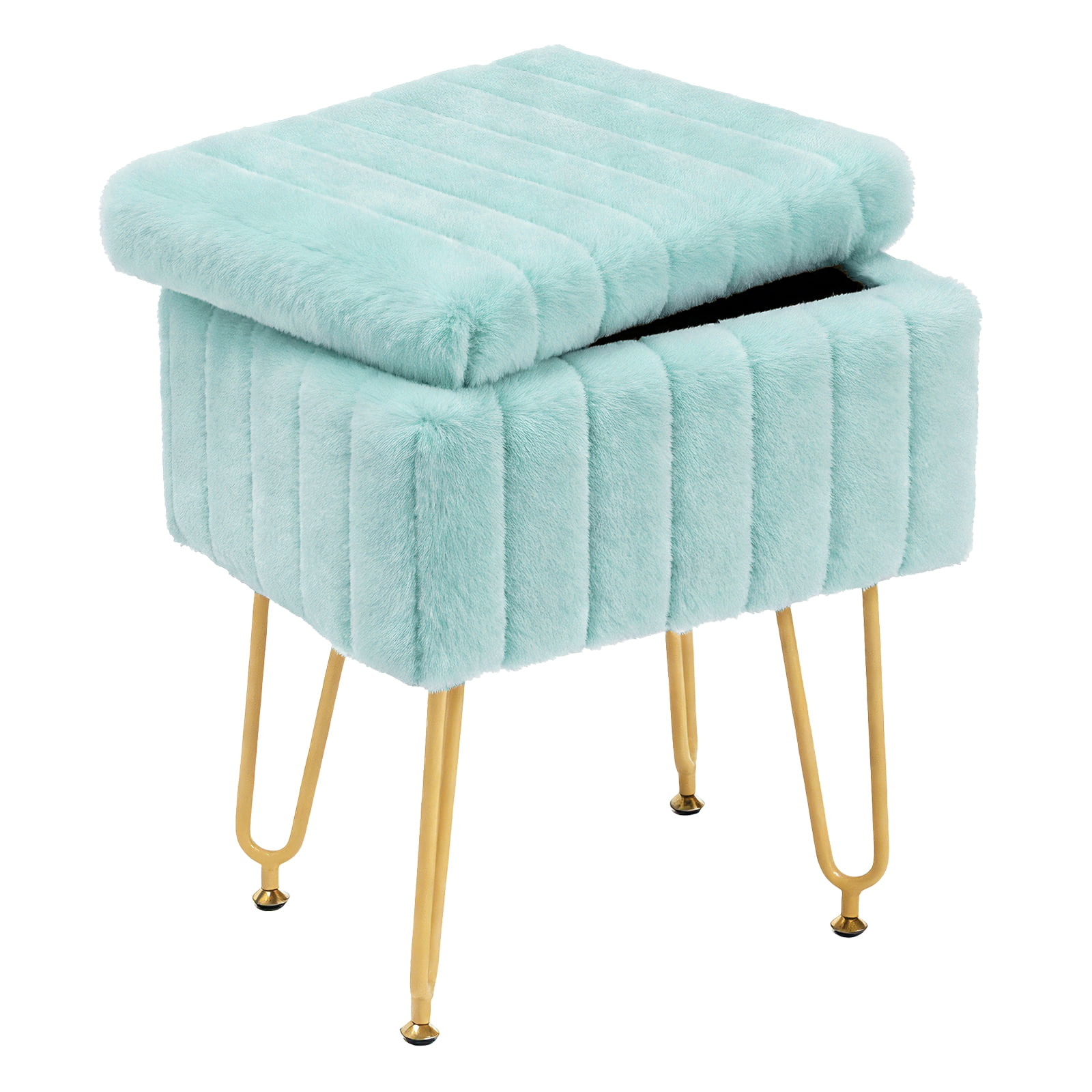 ZUNMOS Ottoman Vanity Stool Chair, with Storage Function, Modern Style Wooden Board Seat, Equipped with 4 Metal Legs and Non-Slip Feet, Suitable for Living Room and Bedroom, Mint Green