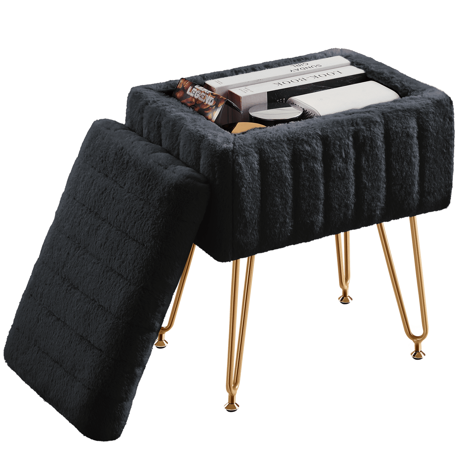 ZUNMOS Ottoman Vanity Stool Chair, with Storage, Modern Style Faux Fur Seat with 4 Metal Legs & Non-slip Feet for Living Room, Bedroom, Black