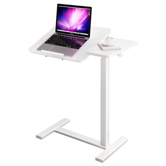 ZUNMOS Overbed Bedside Lap Desk with Wheels and Tilt Top, Mobile Standing Lap Desk Pneumatic Adjustable Height for Home Office Bedroom Sofa, White