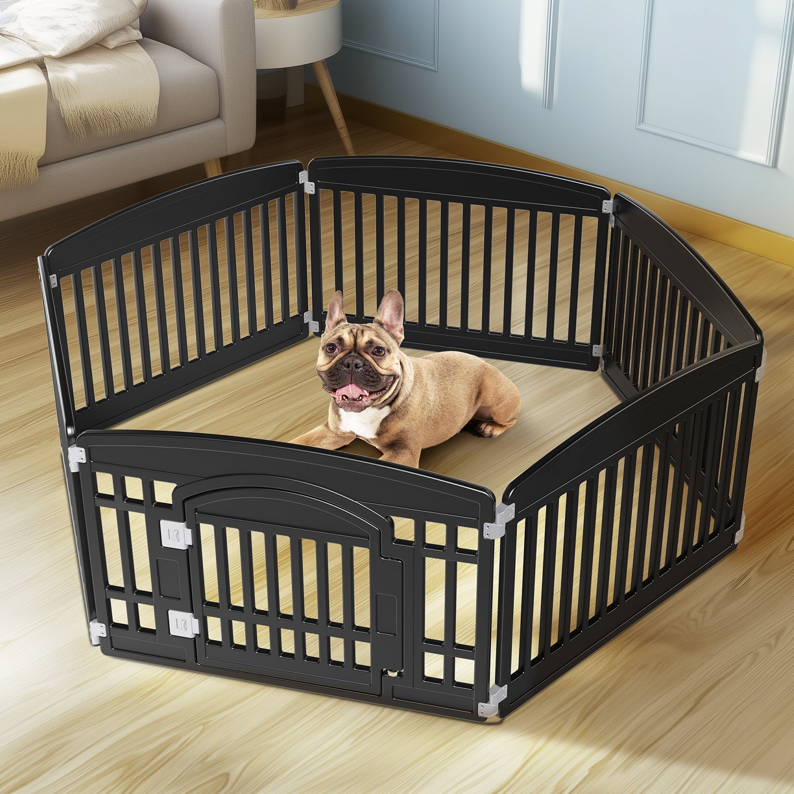 24" Black 6-Panel Plastic Pet Playpen with Door