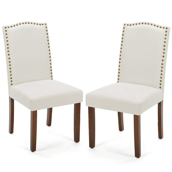 ZUNMOS Set of 2 Upholstered Fabric Dining Chairs with Nailhead Trim and Wood Legs - Modern Armless Kitchen Side Chairs for Living Room and Dining Room, Beige