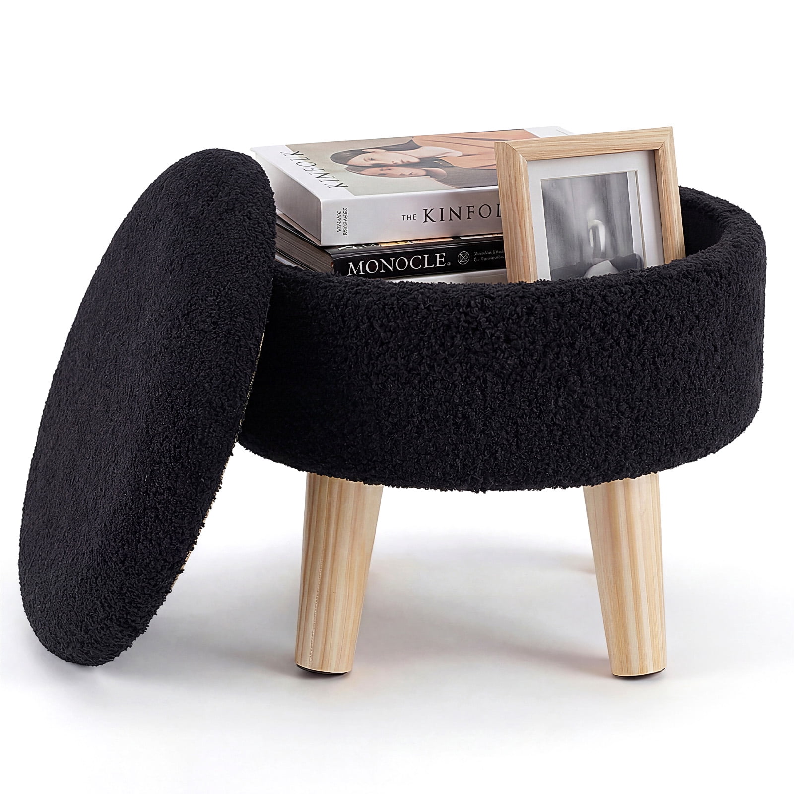 ZUNMOS Storage Ottoman - Modern Round Teddy Velvet Footrest with Soft Padded Seat, Wood Legs, Accent Small Table & Plant Stand for Hallway, Living Room, Black