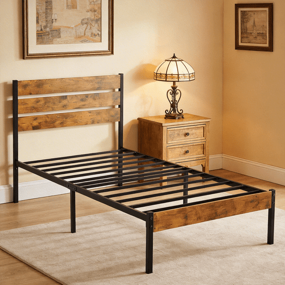 edx Twin Size Metal Bed Frame with Wooden Headboard, Under Bed Storage, 700LBS Support, Noise-Free, No Box Spring Needed, Easy Assembly, Brown