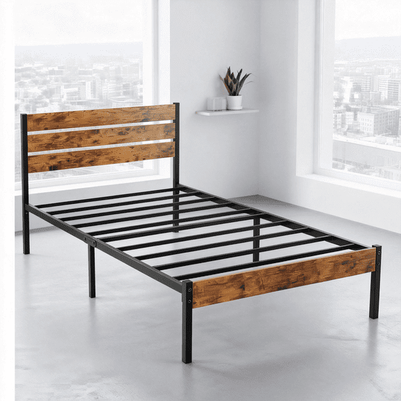 ZUNMOS Twin Size Metal Bed Frame with Wooden Headboard, Under Bed Storage, 700LBS Support, Noise-Free, No Box Spring Needed, Easy Assembly, Brown