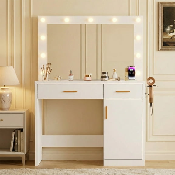 ZUNMOS Vanity Desk with Mirror and Lights, Makeup Vanity Table with Hair Dryer & Power Outlet, 2-Drawer Dressing Table for Bedroom,White