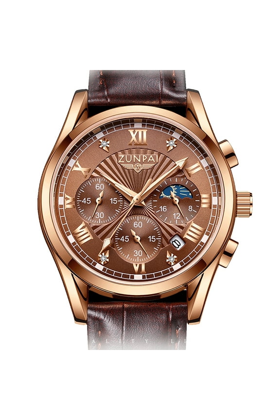 Multifunction Chronograph Quartz Watches for Men,Analog Men's Wristwatch Stainless Steel Fashion Leather Strap Watch with Luminous Calendar Waterproof - Rose Gold