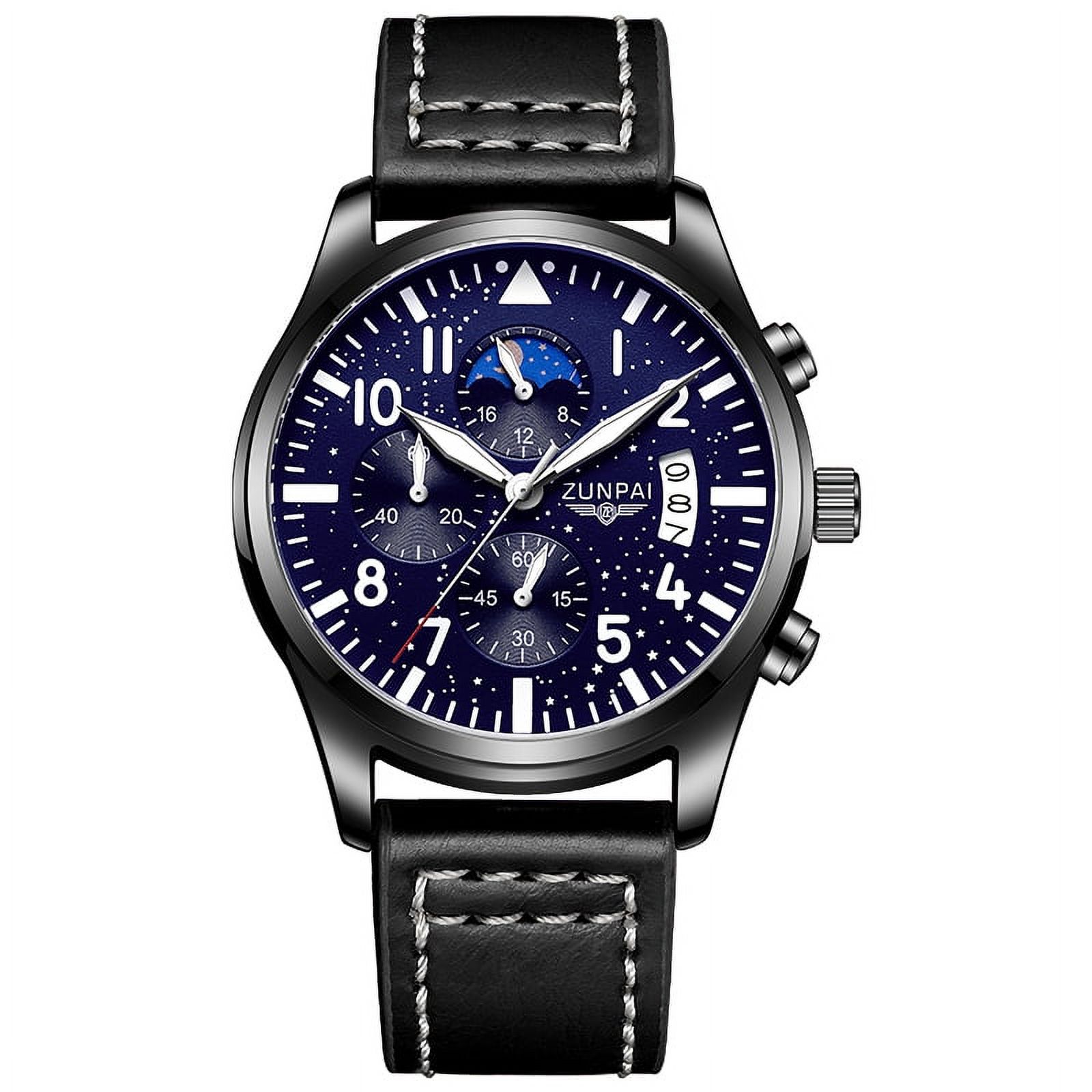 ZUNPAI Watches for men Chronograph Quartz Watch with Luminous Calendar Analog Dial Waterproof Leather Strap Sport Fashion Wristwatch