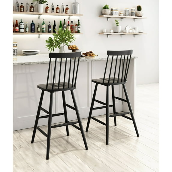 ZUO Ashley 29.9" Rubber Wood Bar Chair with Curved Back in Black (Set of 2)