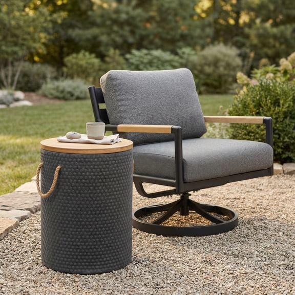 Beban Side Table Natural & Black End Table, Modern Style, Painted Acacia Wood round shape tabletop, Super Poly-Stone, Outdoor Living