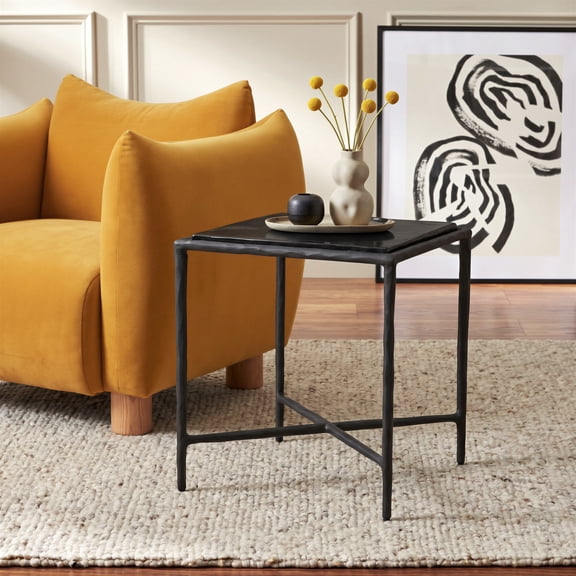 Cloe Side Table Black End Table, Modern Style, Recycled Sand Cast Glass square shape tabletop, Aluminum, Indoor Living