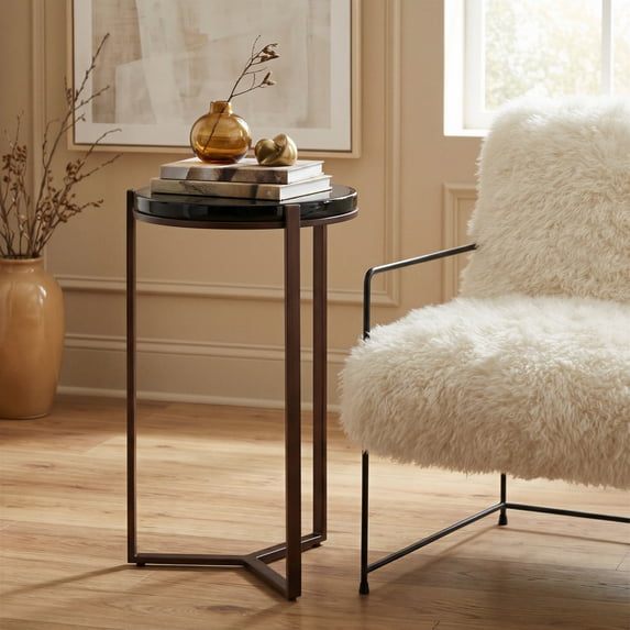 Daiza Side Table Bronze End Table, Modern Style, Recycled Sand Cast Glass round shape tabletop, Iron, Indoor Living