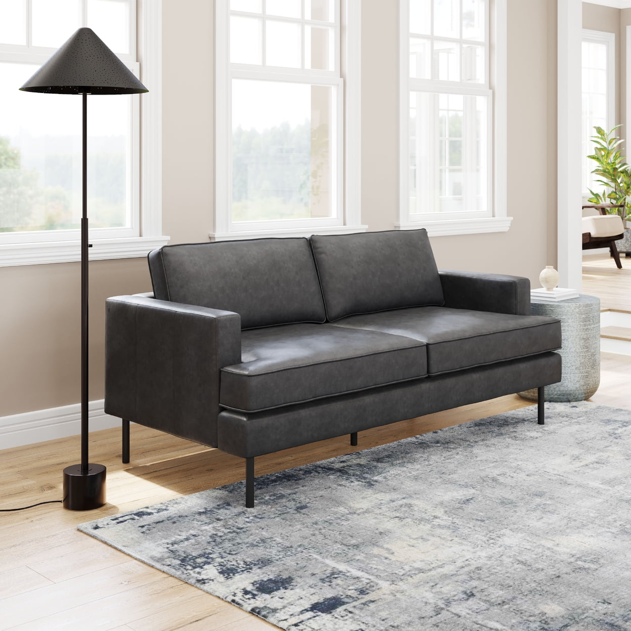 Gray Faux Leather Modern Reception Sofa with Powder-Coated Steel Legs
